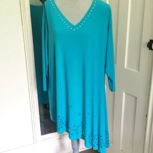 Sympli deco tunic top laser cutout teal blue asymmetrical flare. Size 18 . EUC